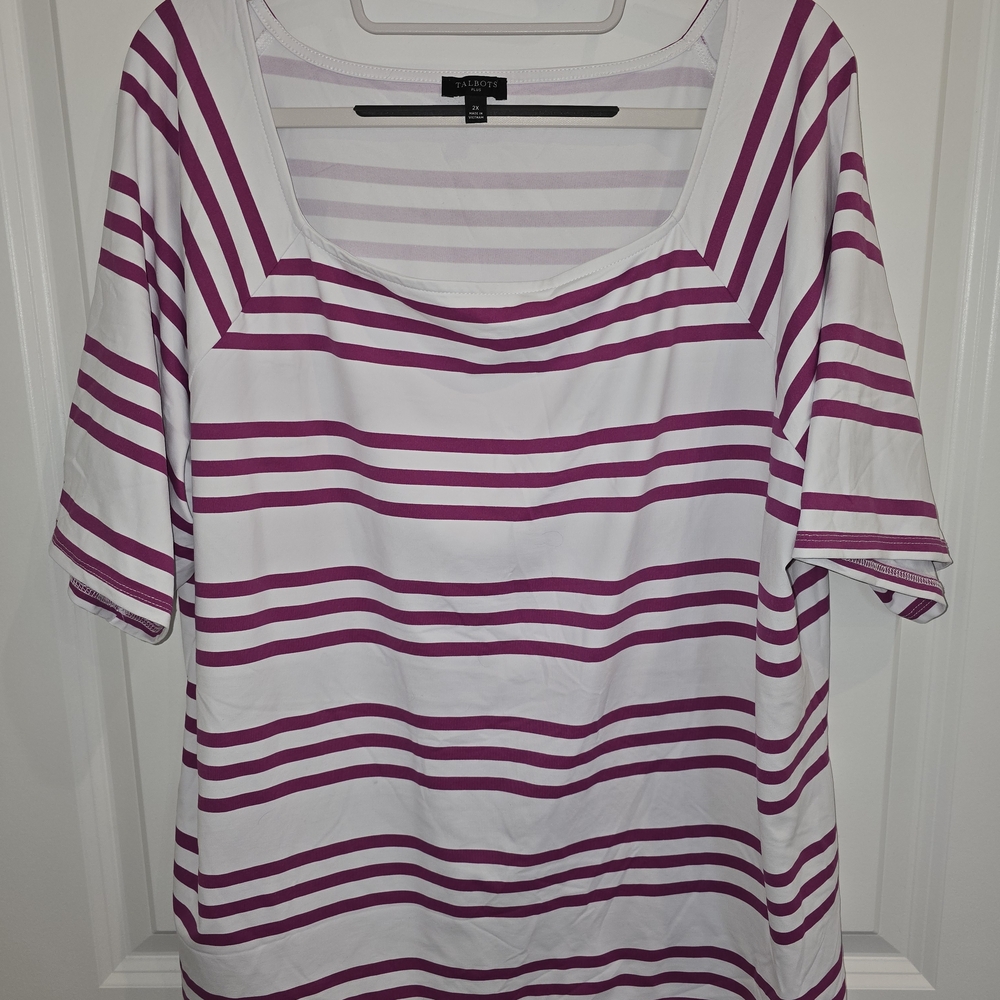 Talbots Magenta and White Striped Short Sleeve Top Size 2x Smooth Sleek‎ Stretch - Picture 2 of 5